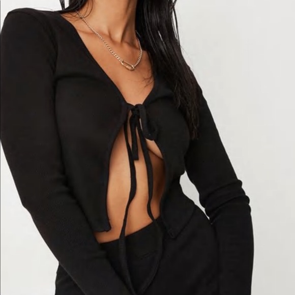 NWT SZ 12 Black Rib Tie Front Cardigan and Flares Trousers Co Ord Set Missguided - Picture 2 of 4
